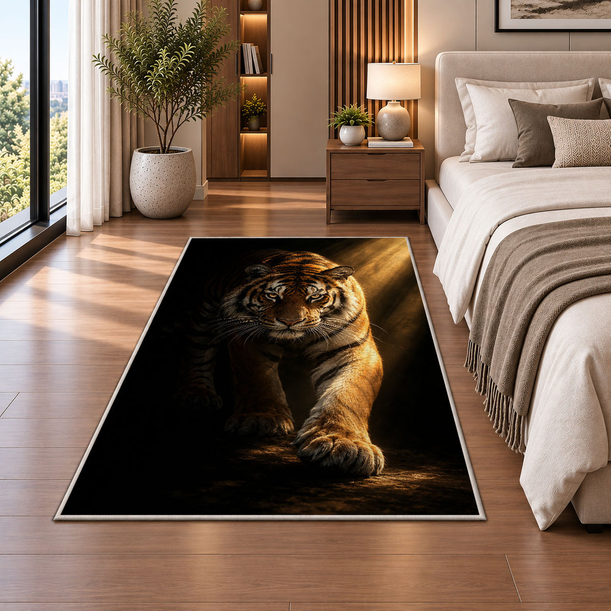 Tiger in Spotlight tiger rug in a bedroom beside the bed