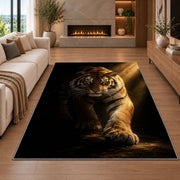 Tiger in Spotlight tiger rug in a living room with a fireplace