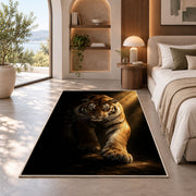 Tiger in Spotlight tiger rug in a bedroom with an arched window