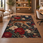 Tiger and Peonies Under Moon tiger rug in a study with an armchair and bookshelves