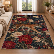 Tiger and Peonies Under Moon tiger rug in a living room beside a sofa
