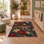 Tiger and Peonies Under Moon tiger rug in a nursery with a crib and armchair