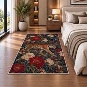 Tiger and Peonies Under Moon tiger rug in a bedroom beside the bed