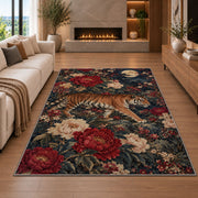 Tiger and Peonies Under Moon tiger rug in a living room with a fireplace