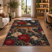 Tiger and Peonies Under Moon tiger rug in a home office beside a desk