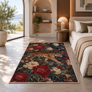 Tiger and Peonies Under Moon tiger rug in a bedroom with an arched window