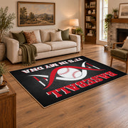 black and red motivational baseball area rug, styled product view 2