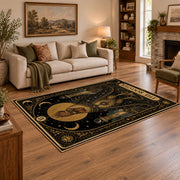 black and gold celestial ram zodiac area rug, styled product view 2