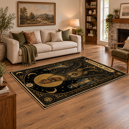 black and gold celestial ram zodiac area rug, styled product view 2