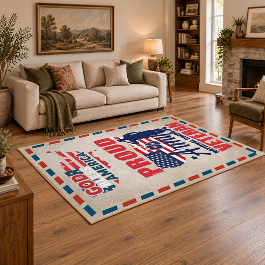 red white and blue patriotic American pride area rug, styled product view 2