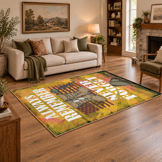 golden vintage military father tribute area rug, styled product view 2