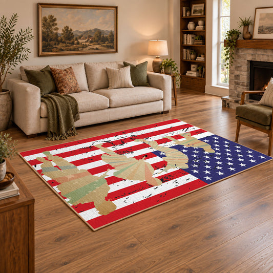 patriotic soldier silhouette and distressed flag area rug, styled product view 2