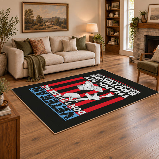 black and red patriotic service tribute area rug, styled product view 2