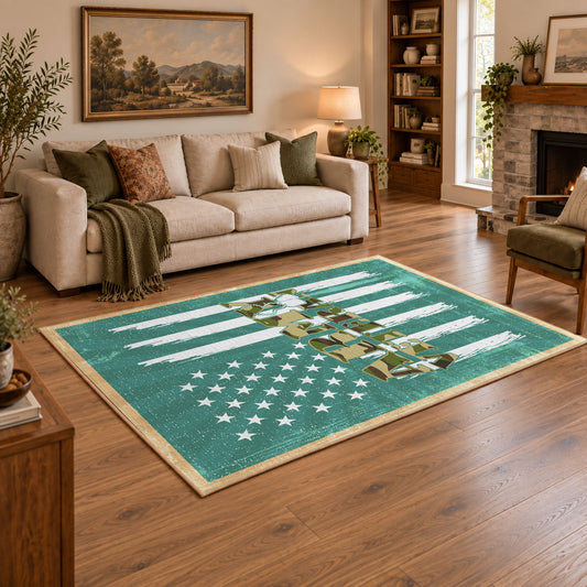 teal patriotic military tank and flag area rug, styled product view 2