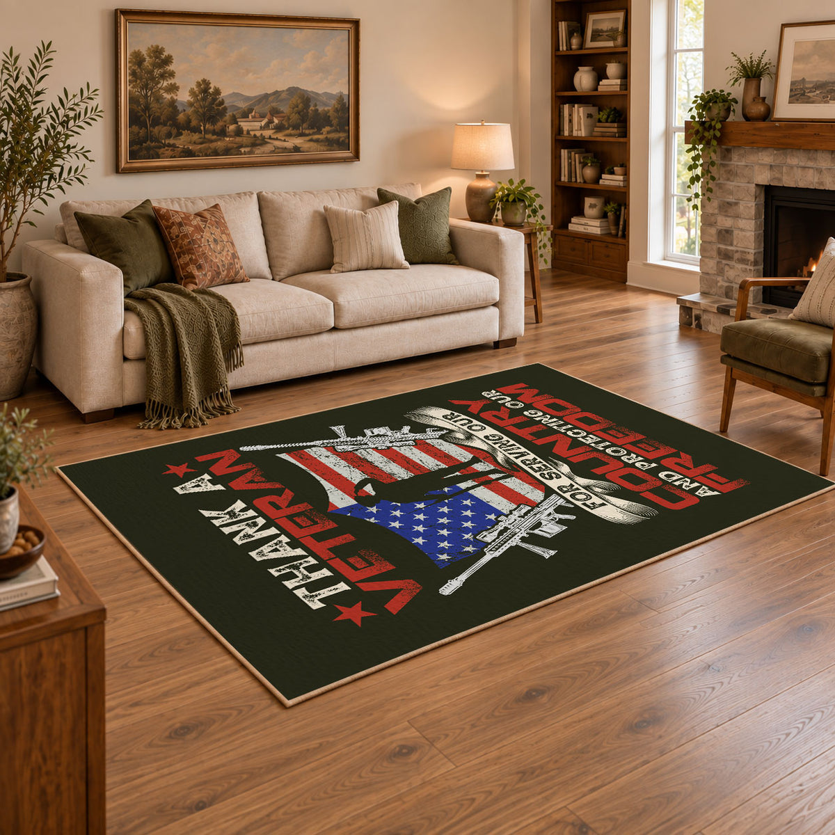 veteran eagle flag patriotic red white blue vintage area rug, styled product view 1