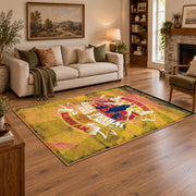 distressed yellow retro motorcycle adventure vintage area rug, styled product view 2