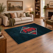 dark blue retro football fan vintage sports area rug, styled product view 2