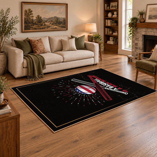 black red baseball bat ball vintage sports area rug, styled product view 2