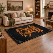 black orange vintage mechanic quote workshop area rug, styled product view 2