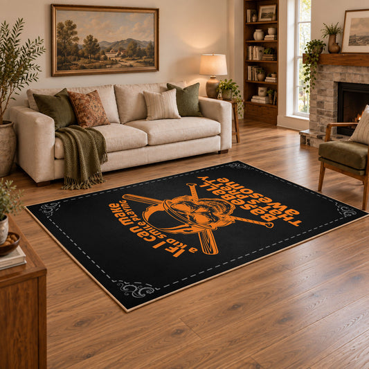 black orange vintage mechanic quote workshop area rug, styled product view 2