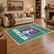 teal red veteran tribute patriotic vintage area rug, styled product view 2