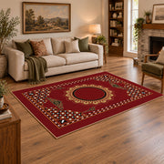 red gold ornate mandala vintage boho area rug, styled product view 2