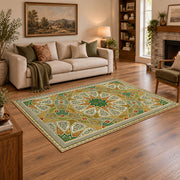 green gold geometric mandala vintage mosaic area rug, styled product view 2