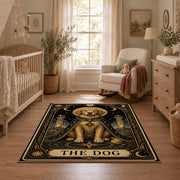 black and gold celestial lion zodiac area rug, styled product view 3