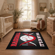 black and red motivational baseball area rug, styled product view 3