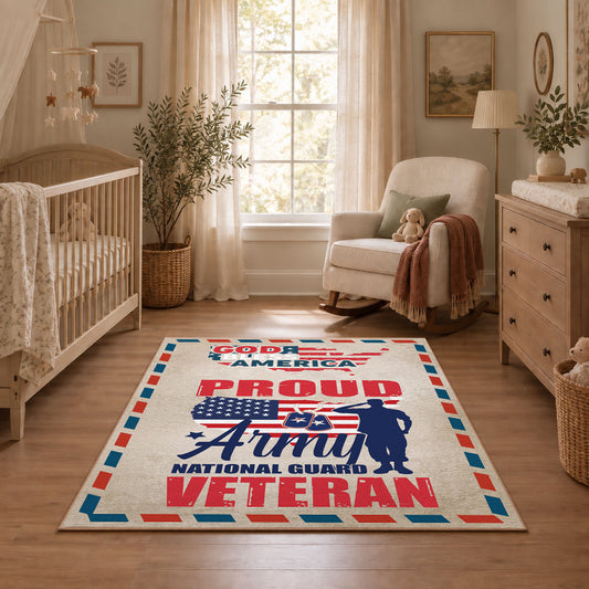red white and blue patriotic American pride area rug, styled product view 1