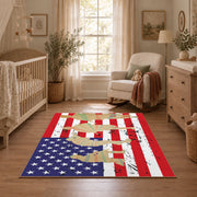 patriotic soldier silhouette and distressed flag area rug, styled product view 1
