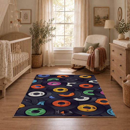 colorful vinyl record retro music area rug, styled product view 1