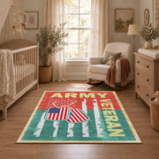 red and green vintage army veteran service area rug, styled product view 3