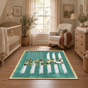 teal patriotic military tank and flag area rug, styled product view 3
