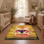 distressed yellow retro motorcycle adventure vintage area rug, styled product view 3