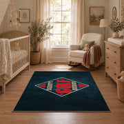 dark blue retro football fan vintage sports area rug, styled product view 3