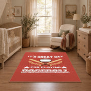 red baseball season quote vintage sports area rug, styled product view 3
