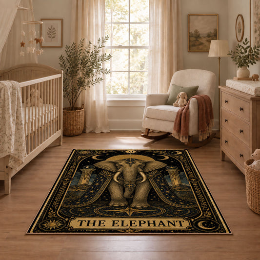 black gold elephant mandala mystical vintage area rug, styled product view 1