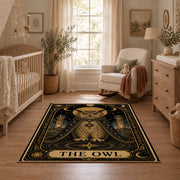 ornate celestial elephant black gold vintage area rug, styled product view 3