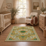 green gold geometric mandala vintage mosaic area rug, styled product view 3