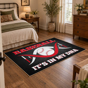 black and red motivational baseball area rug, styled product view 4
