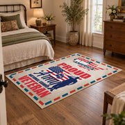 red white and blue patriotic American pride area rug, styled product view 3