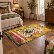 distressed gold military service tribute area rug, styled product view 1