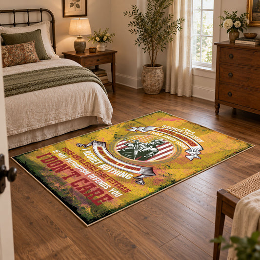 distressed gold military service tribute area rug, styled product view 1