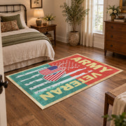 red and green vintage army veteran service area rug, styled product view 4