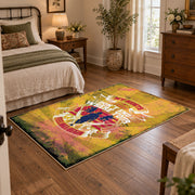 distressed yellow retro motorcycle adventure vintage area rug, styled product view 4