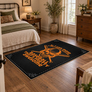 black orange vintage mechanic quote workshop area rug, styled product view 4