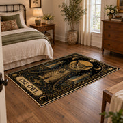 ornate celestial elephant black gold vintage area rug, styled product view 4