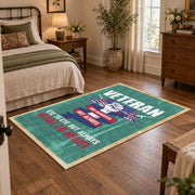 teal red veteran tribute patriotic vintage area rug, styled product view 4