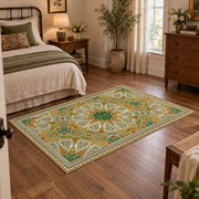 green gold geometric mandala vintage mosaic area rug, styled product view 4